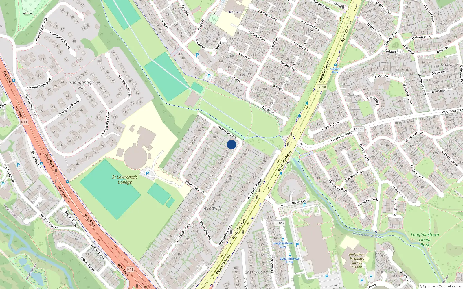 Overhead map showing the location of 75 Wyattville Park, Ballybrack, Dublin
