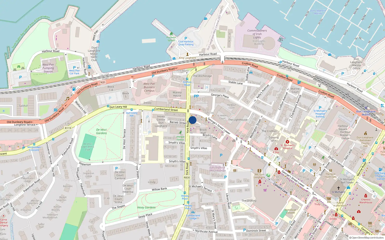 Overhead map showing the location of 75 York Road, Dublin