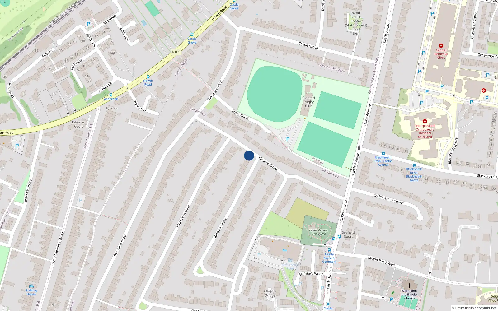 Overhead map showing the location of 75A Kincora Drive, Clontarf, Dublin 3