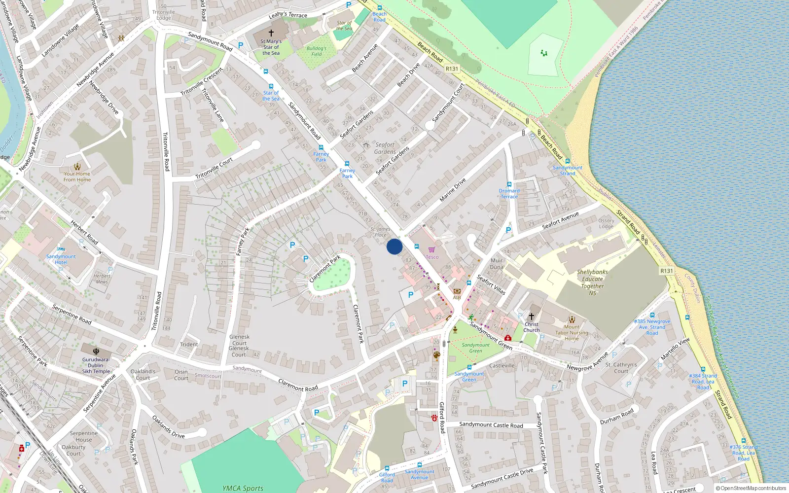 Overhead map showing the location of 75A Sandymount Road, Sandymount