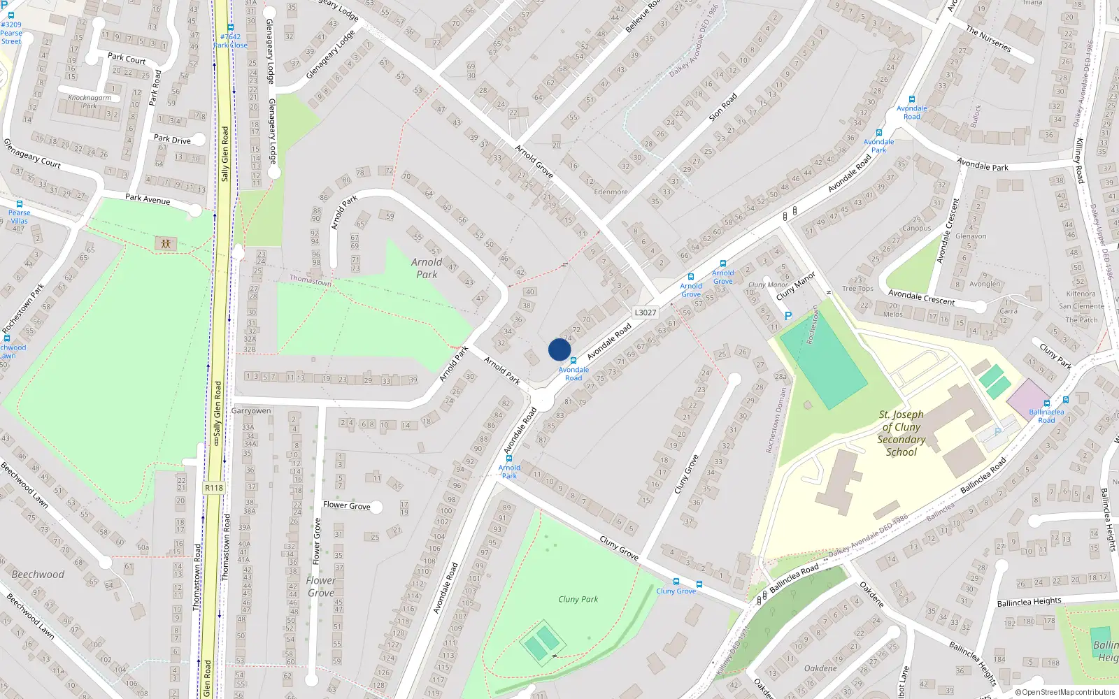 Overhead map showing the location of 76 Avondale Road, Killiney, Dublin
