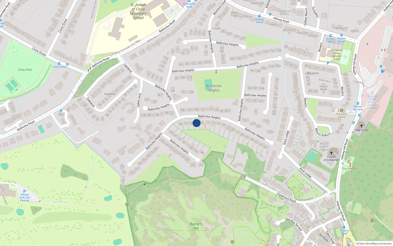 Overhead map showing the location of 76 Ballinclea Heights, Killiney