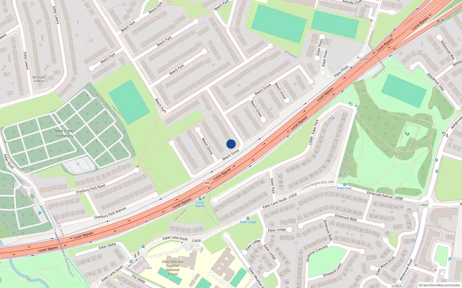 Overhead map showing the location of 76 Beech Grove, Lucan, Dublin