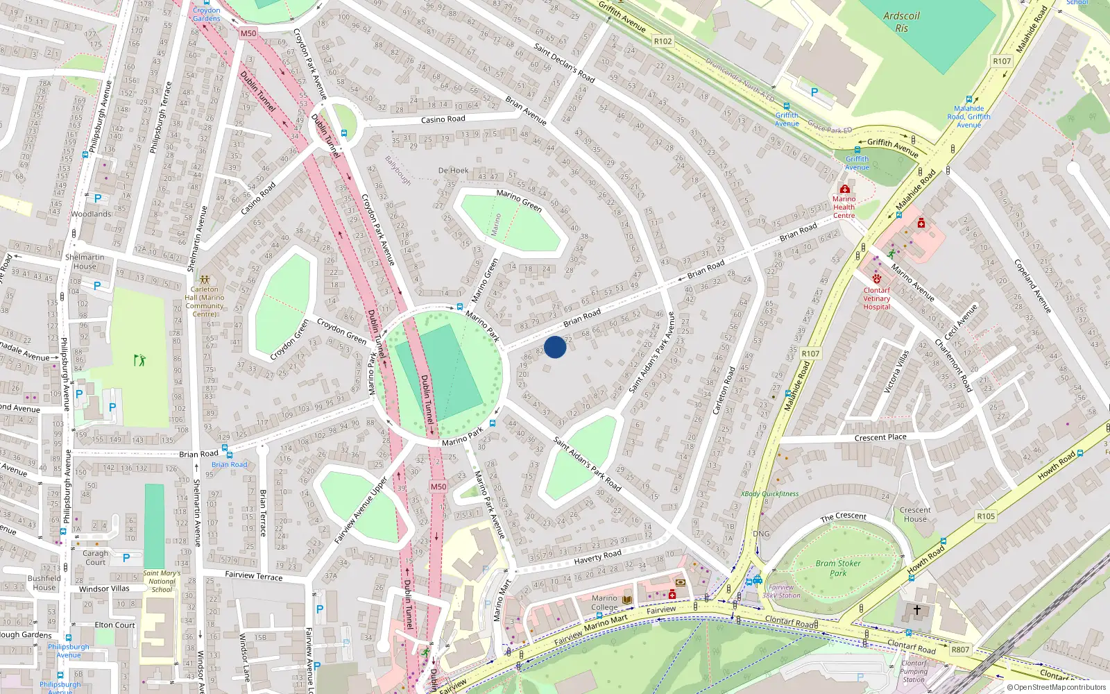 Overhead map showing the location of 76 Brian Road, Marino, Dublin 3