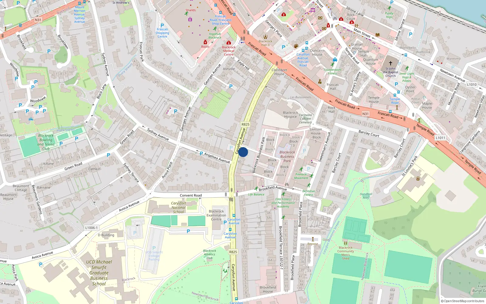Overhead map showing the location of 76 Carysfort Avenue, Blackrock, Dublin