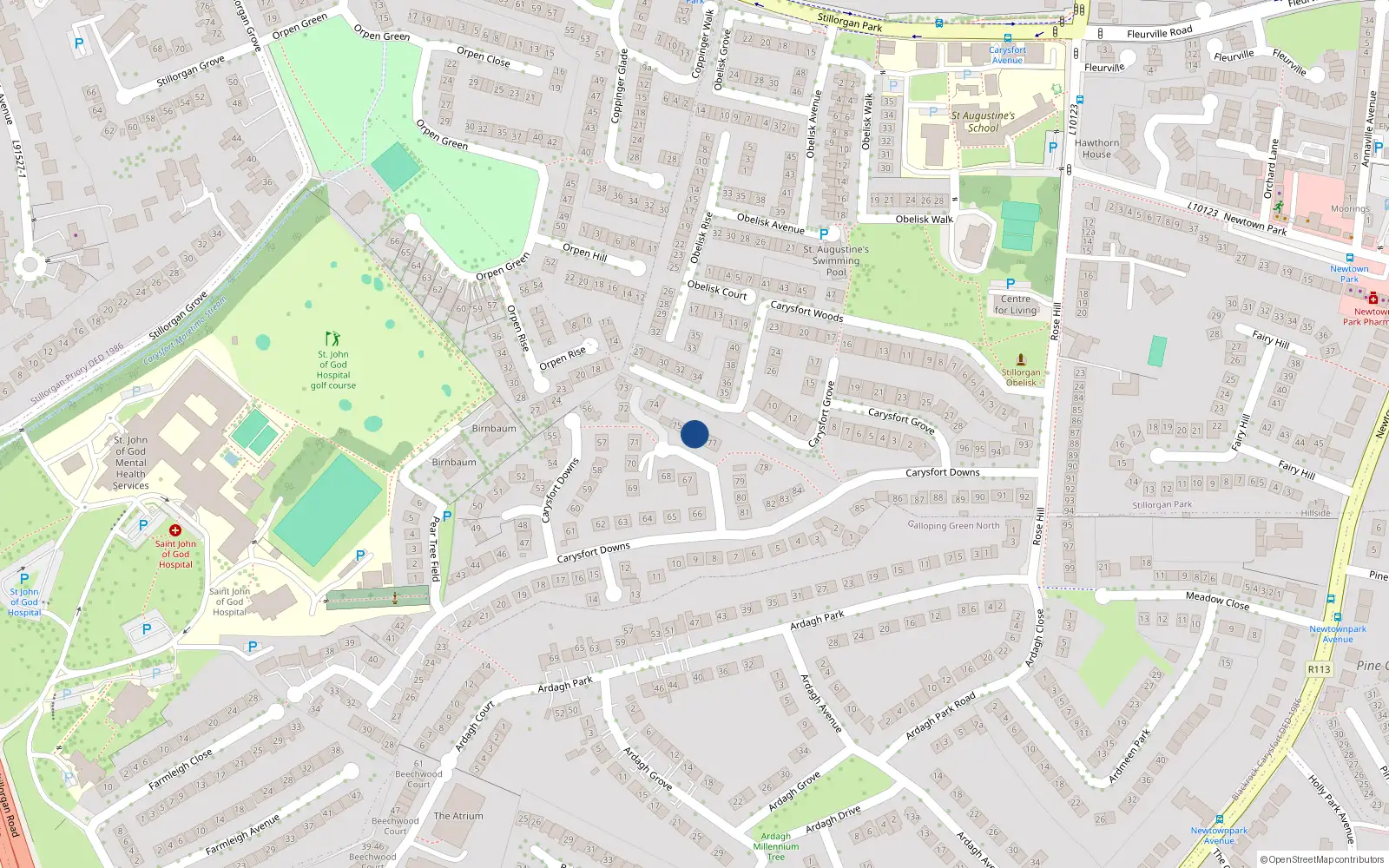Overhead map showing the location of 76 Carysfort Downs, Blackrock