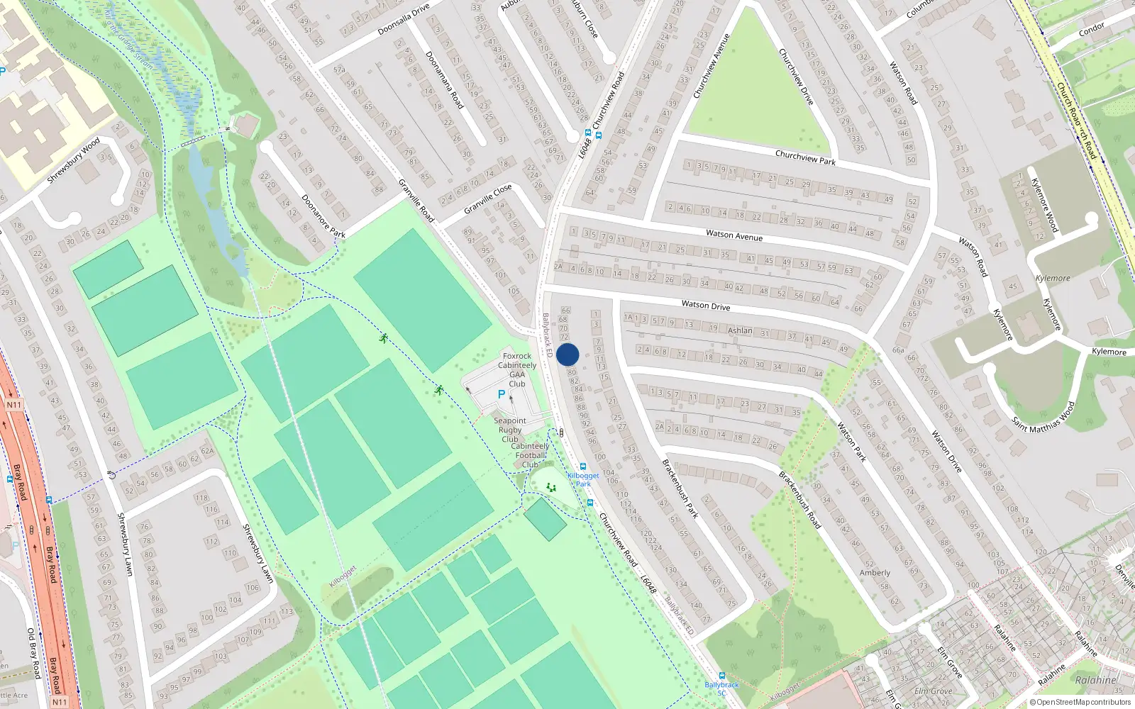 Overhead map showing the location of 76 Churchview Road, Killiney, Dublin
