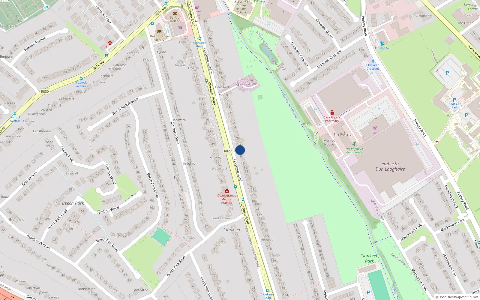 Overhead map showing the location of 76 Clonkeen Road, Blackrock