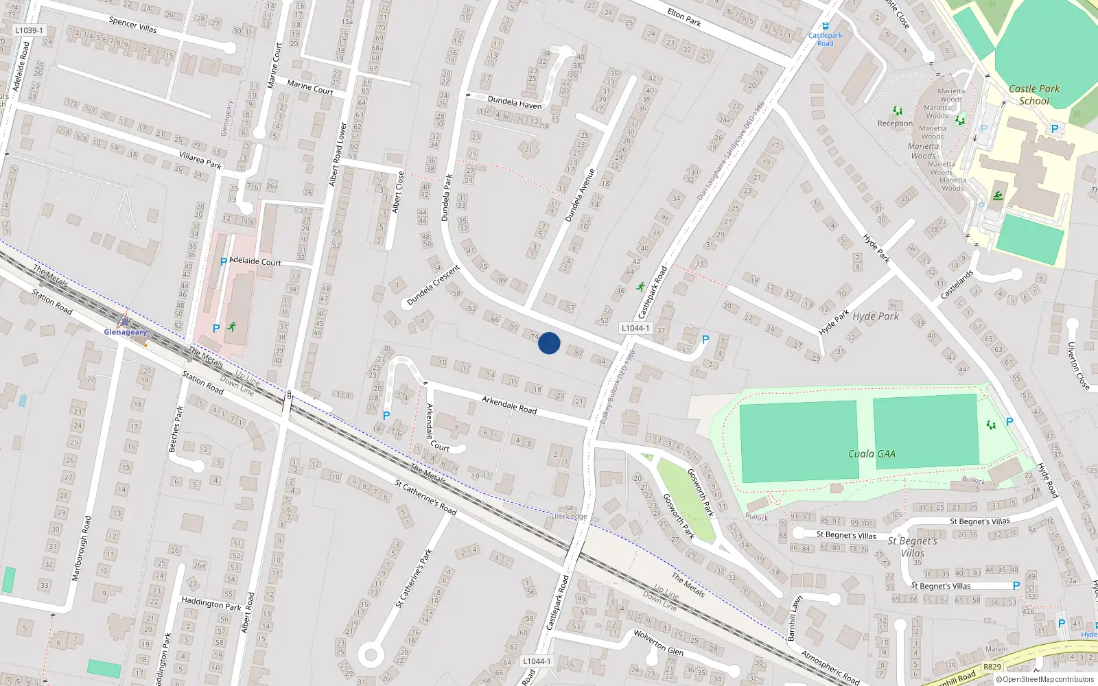 Overhead map showing the location of 76 Dundela Park, Dublin