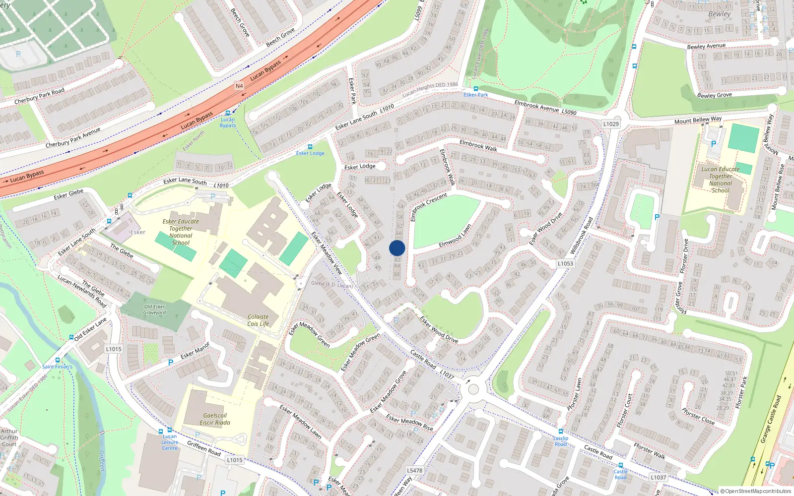 Overhead map showing the location of 76 Elmbrook Crescent, Lucan, Dublin