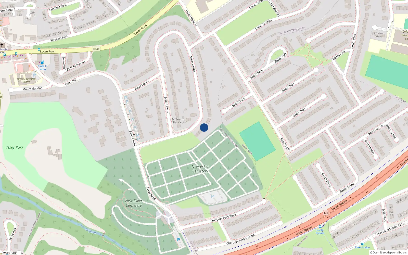 Overhead map showing the location of 76 Esker Lawns, Lucan