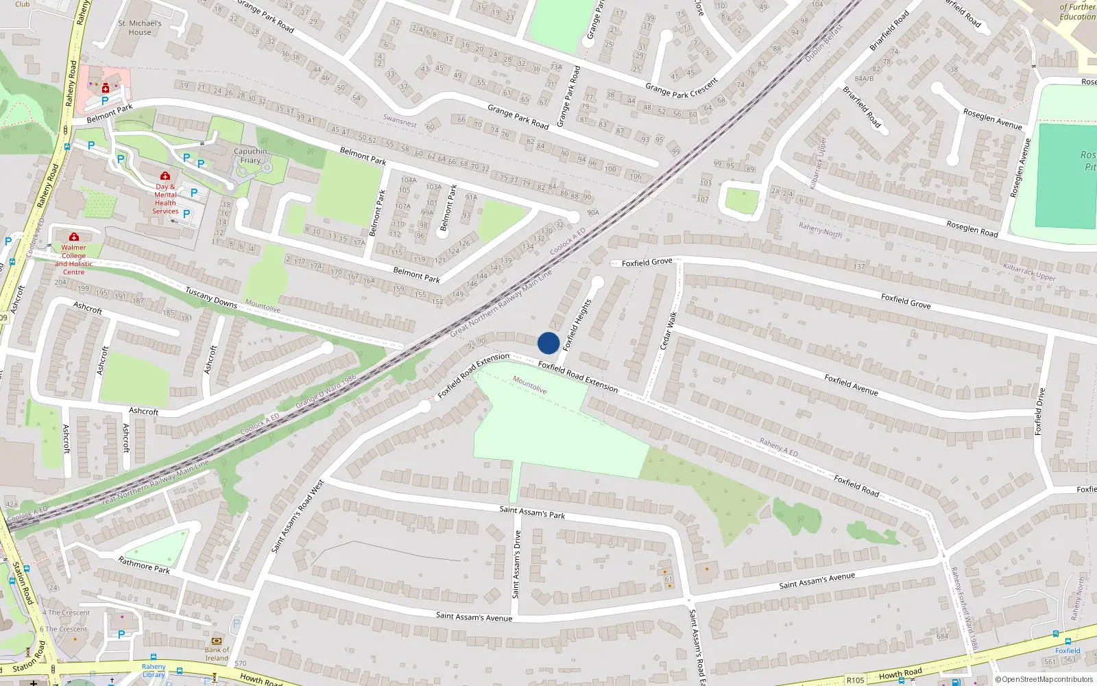 Overhead map showing the location of 76 Foxfield Road, Dublin 5