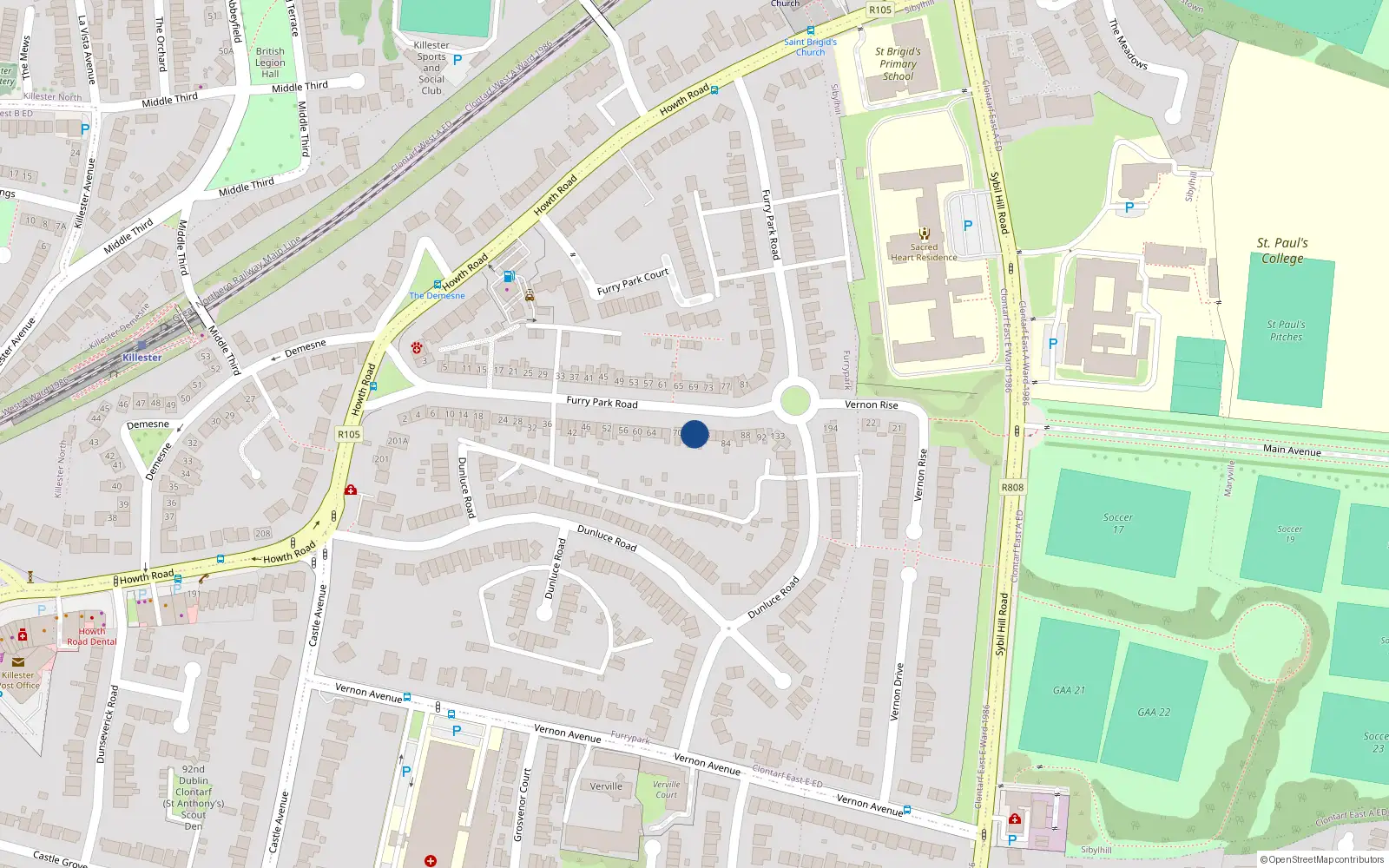 Overhead map showing the location of 76 Furry Park Road, Killester, Dublin 5