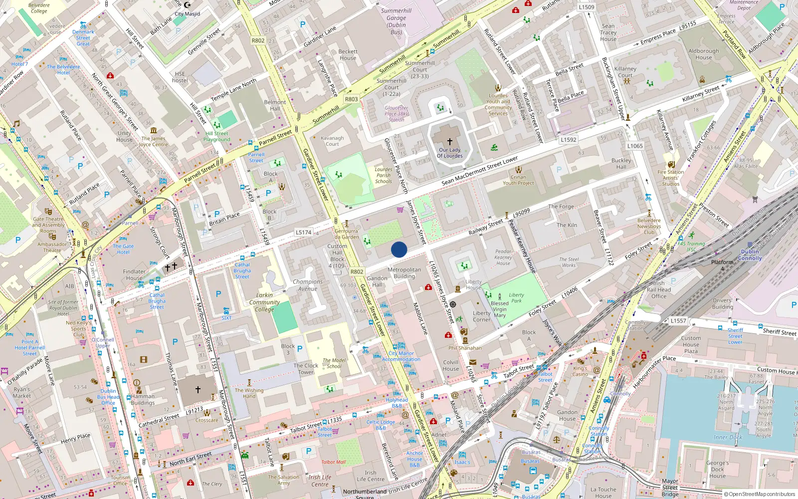 Overhead map showing the location of 76 Gloucester Square, Railway St, Dublin 1
