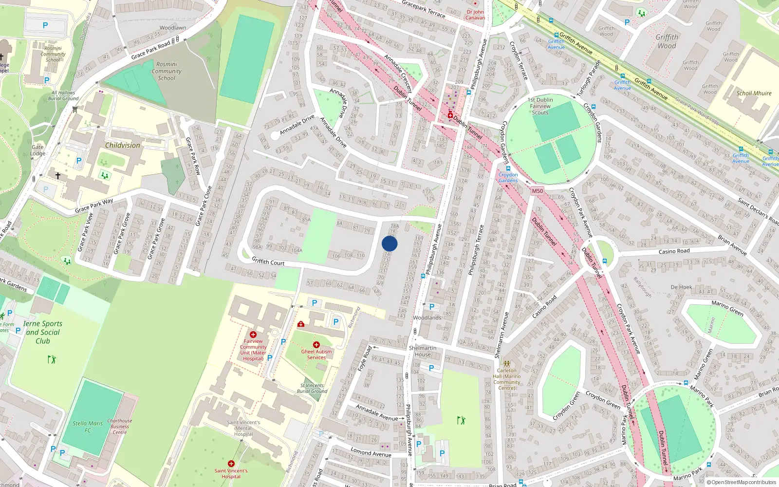 Overhead map showing the location of 76 Griffith Court, Fairview, Dublin 3