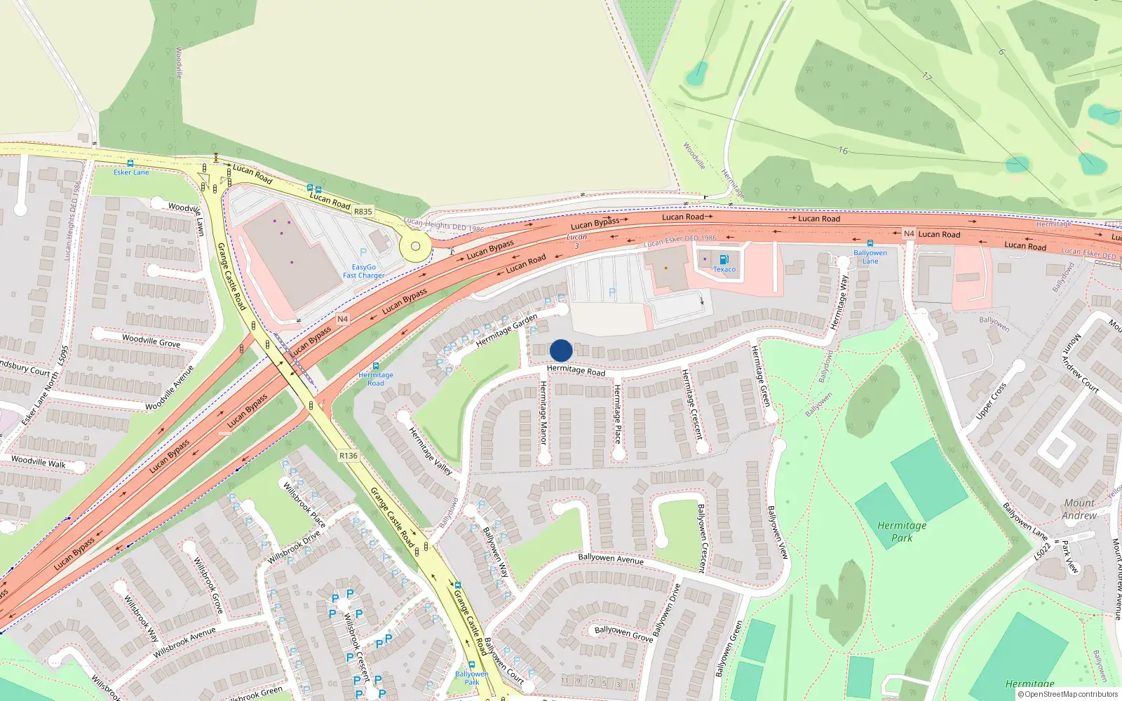 Overhead map showing the location of 76 Hermitage Road, Lucan