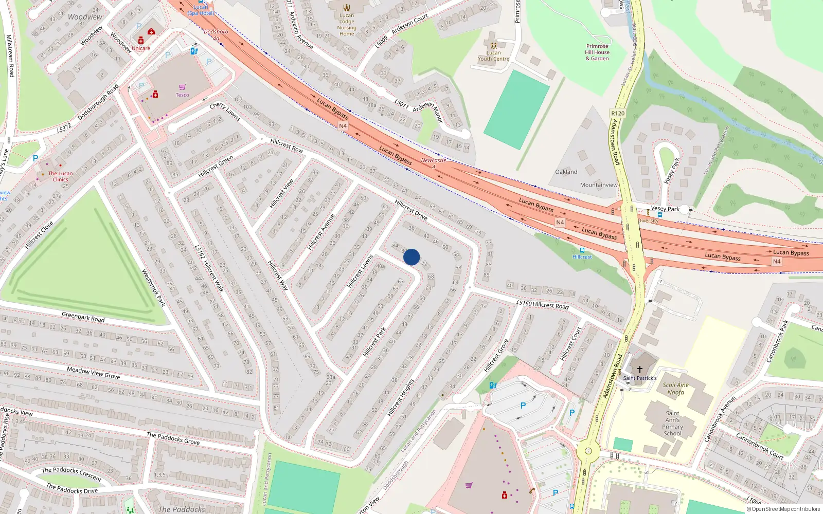 Overhead map showing the location of 76 Hillcrest Park, Lucan
