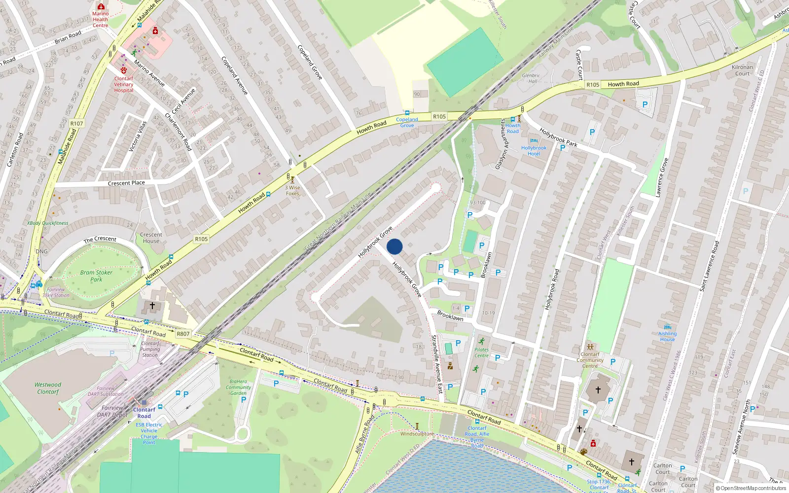 Overhead map showing the location of 76 Hollybrook Grove, Dublin 3