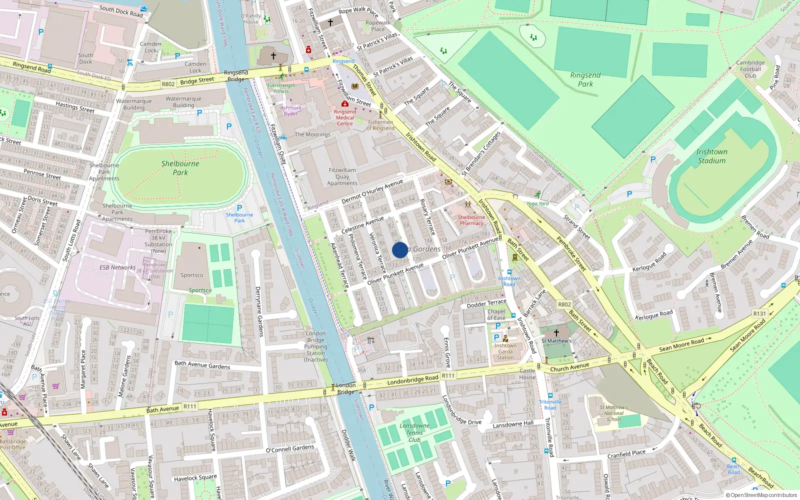 Overhead map showing the location of 76 Magdalen Terrace, Stella Gardens, Irishtown Dublin 4