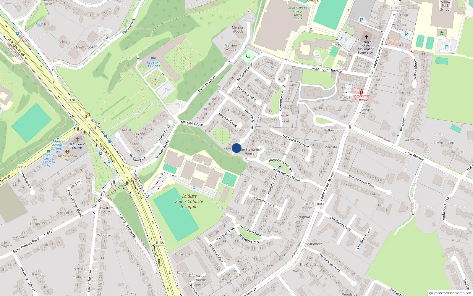 Overhead map showing the location of 76 Merrion Grove, Dublin