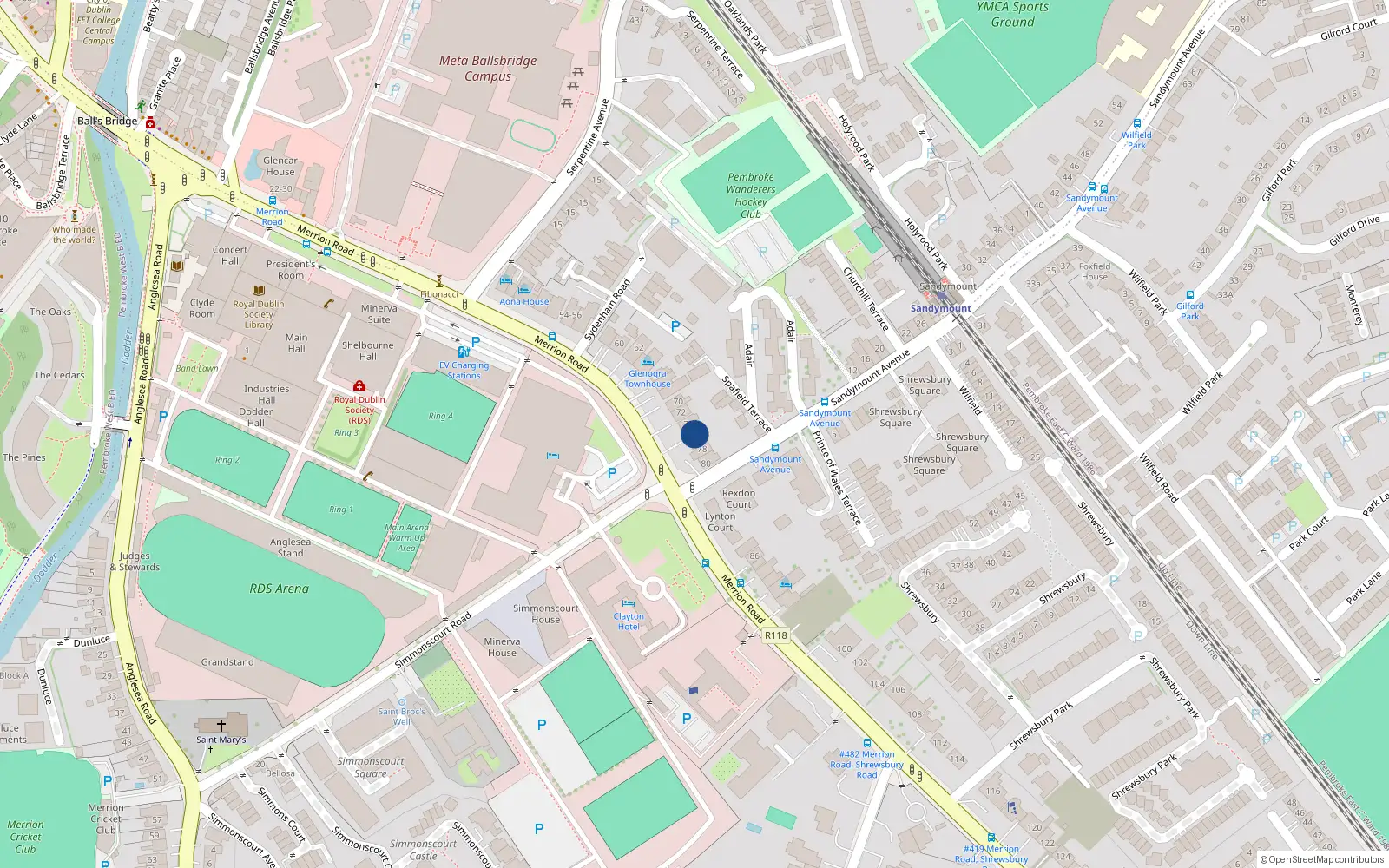 Overhead map showing the location of 76 Merrion Road, Ballsbridge