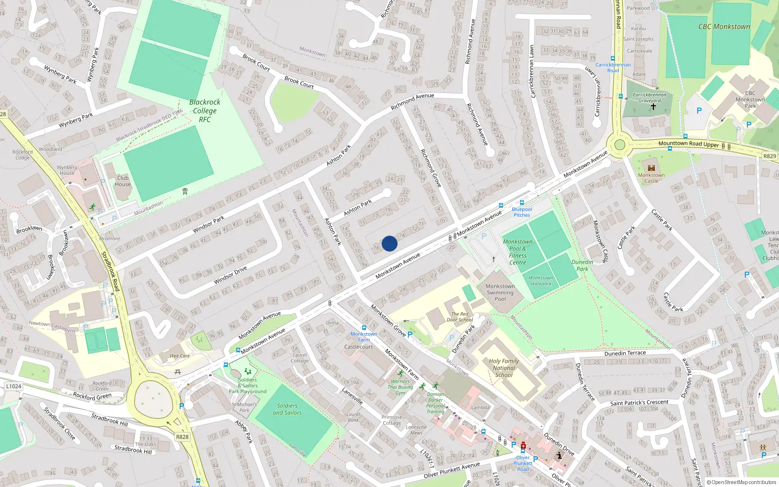 Overhead map showing the location of 76 Monkstown Avenue, Monkstown, Dublin