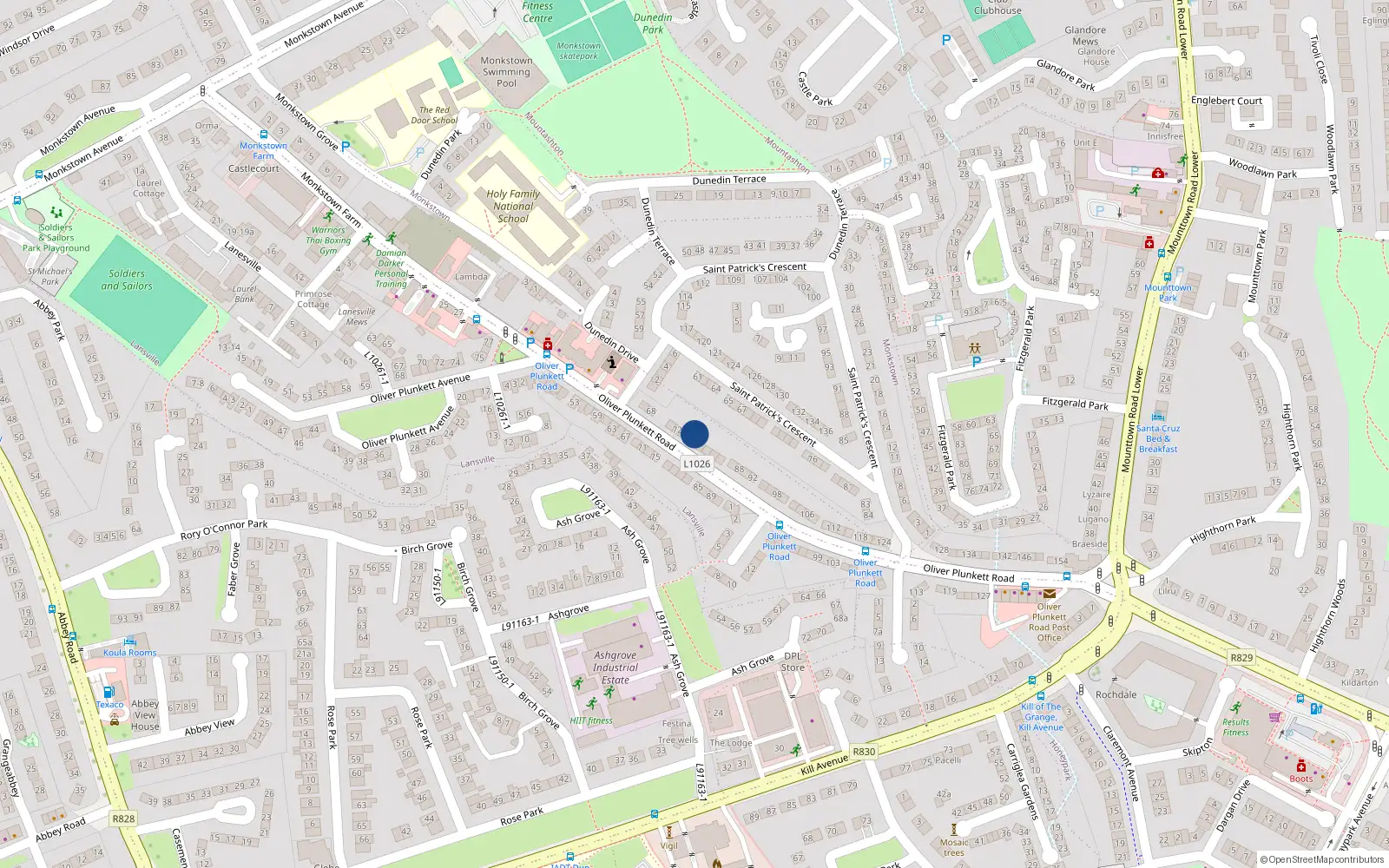 Overhead map showing the location of 76 Oliver Plunkett Road, County Dublin