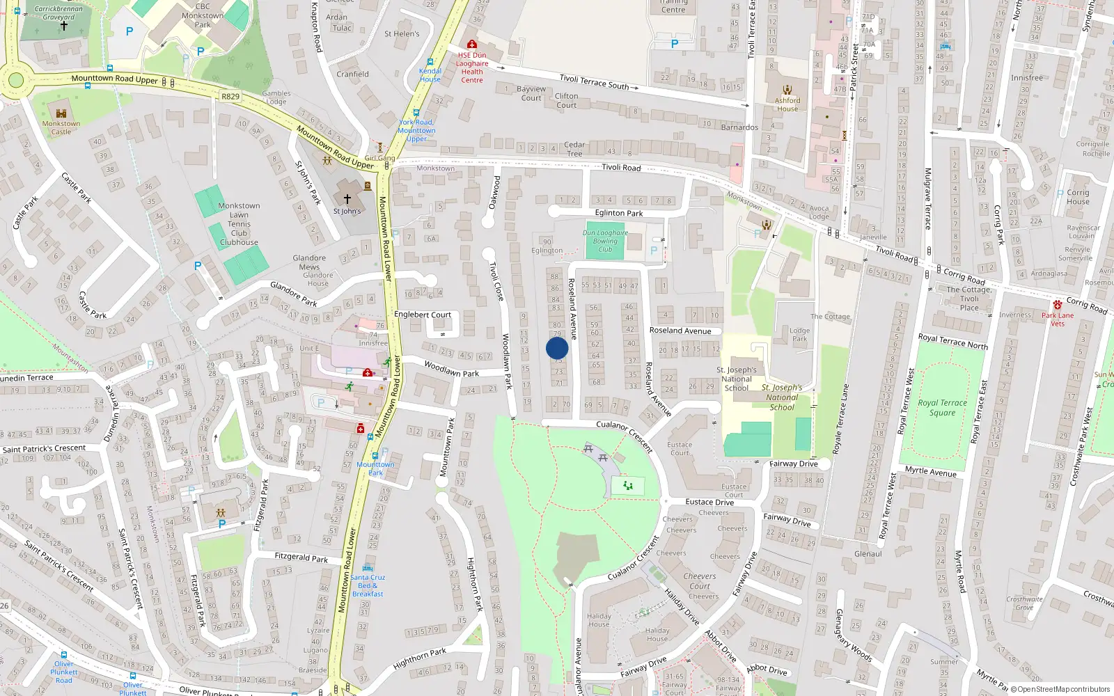 Overhead map showing the location of 76 Roseland Avenue, Cualanor, Dun Laoghaire
