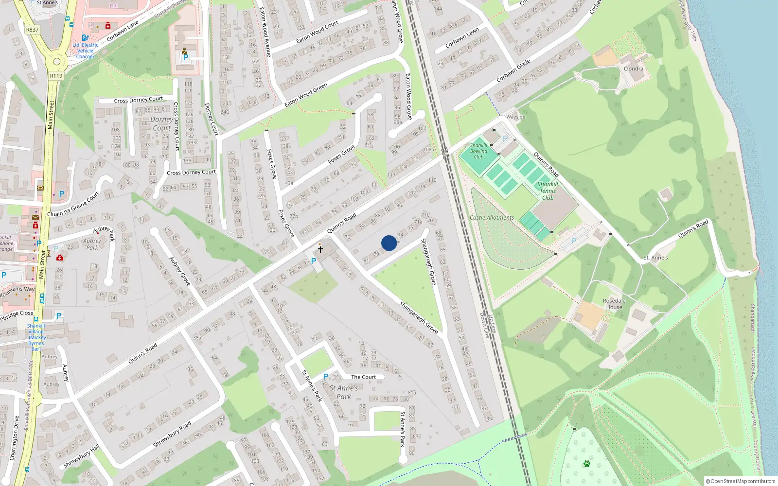 Overhead map showing the location of 76 Shanganagh Grove, Shankill
