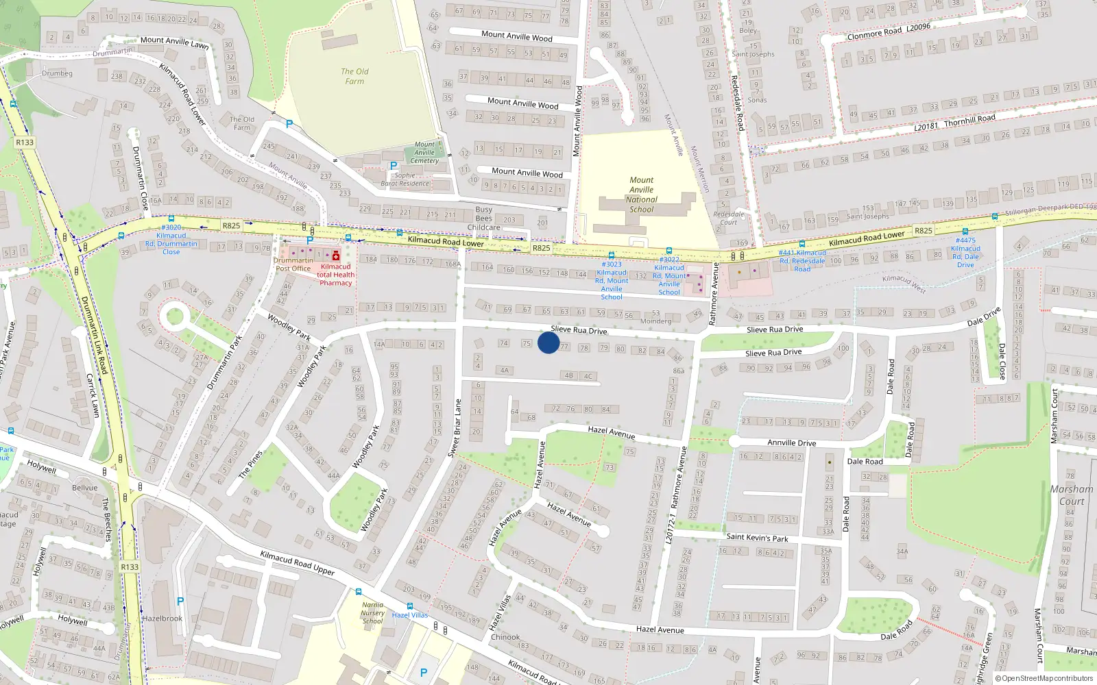 Overhead map showing the location of 76 Slieve Rua Drive, Blackrock
