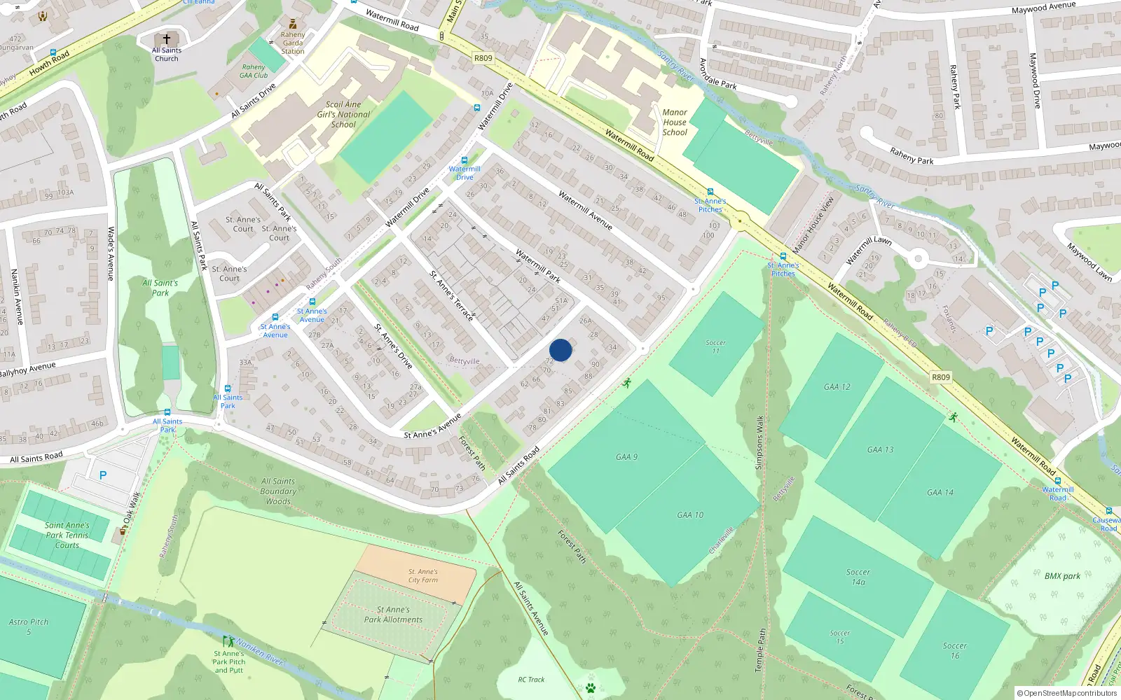 Overhead map showing the location of 76 St Annes Avenue, Raheny, Dublin 5