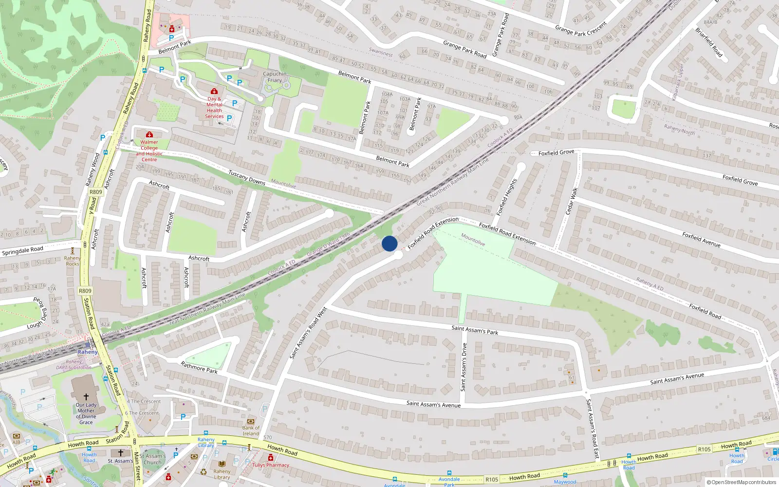 Overhead map showing the location of 76 St Assams Road West, Raheny, Dublin 5