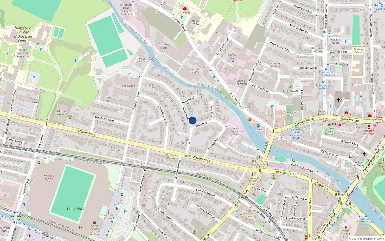 Overhead map showing the location of 76 Tolka Road, Dublin 3, Dublin