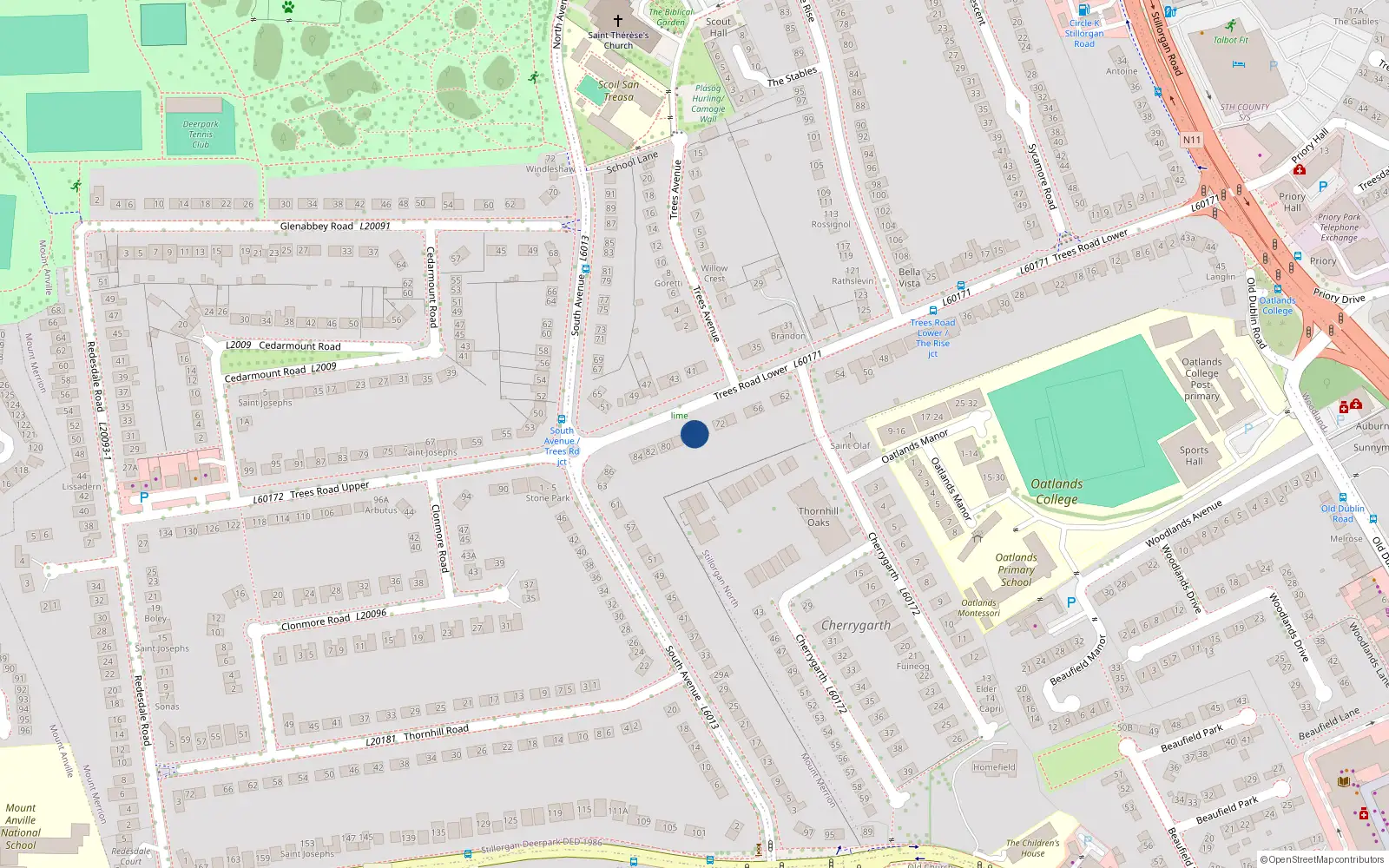 Overhead map showing the location of 76 Trees Road Lower, Mount Merrion