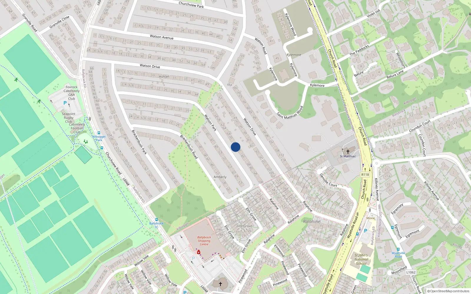 Overhead map showing the location of 76 Watson Park, Killiney, Dublin