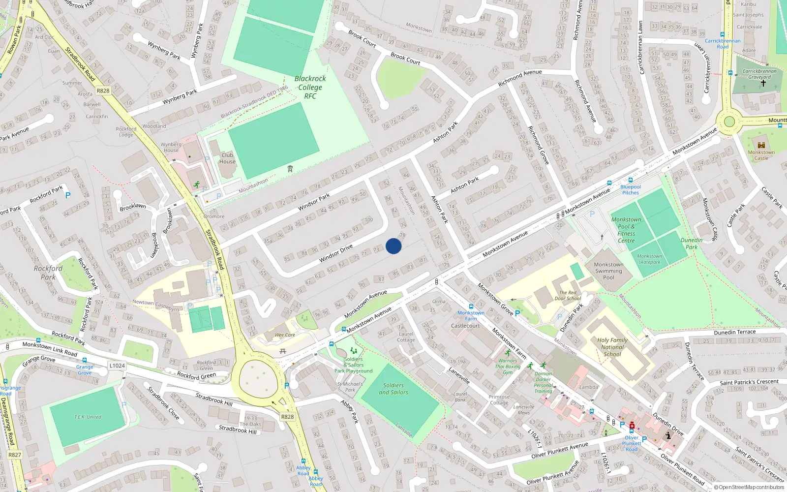 Overhead map showing the location of 76 Windsor Drive, Monkstown, Dublin
