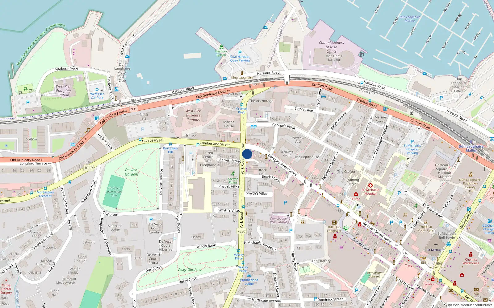 Overhead map showing the location of 76 York Road, Dunlaoghaire, Dublin