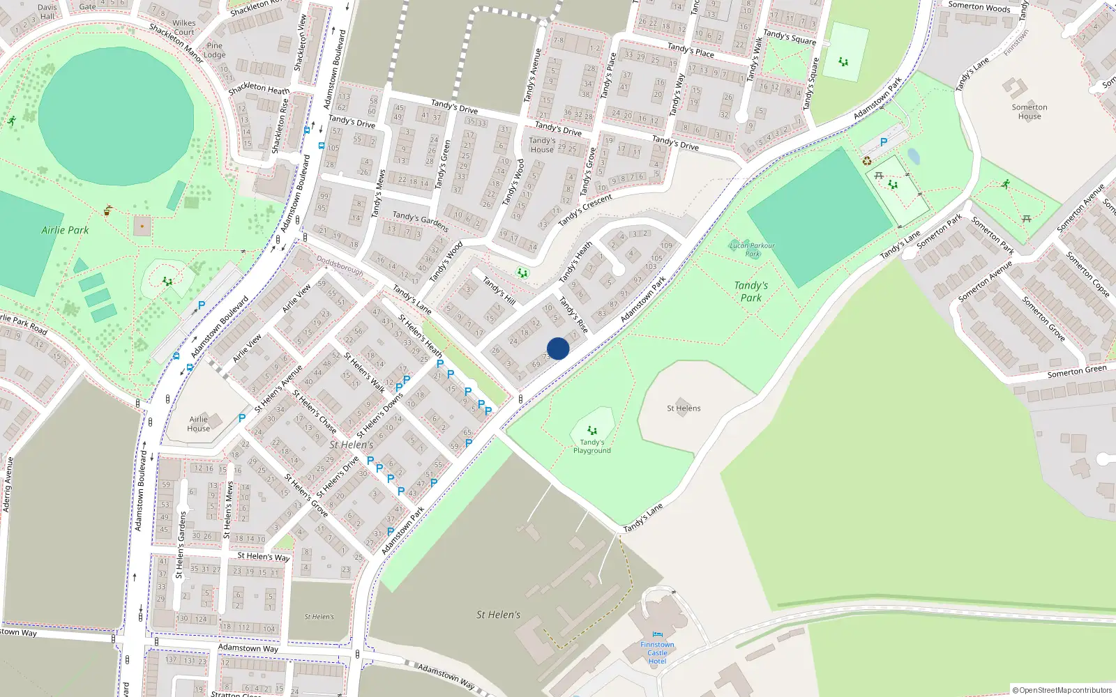 Overhead map showing the location of 77 Adamstown Park, Lucan