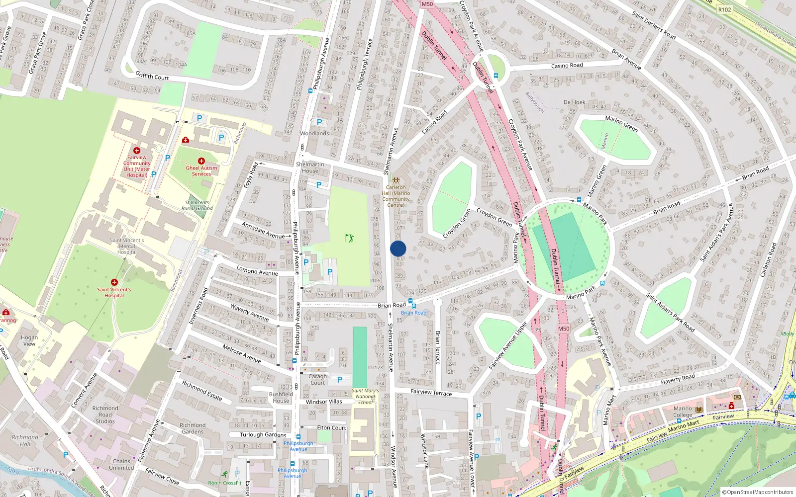 Overhead map showing the location of 77 Ascal Siol Martan, Marino, Dublin 3
