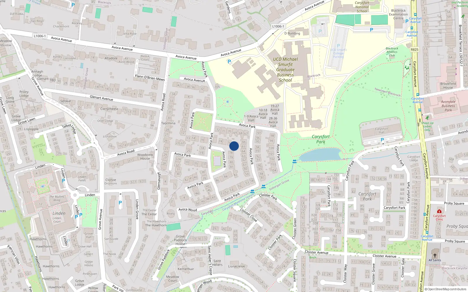 Overhead map showing the location of 77 Avoca Park, Blackrock, Dublin