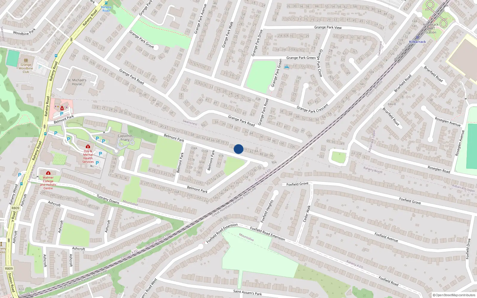 Overhead map showing the location of 77 Belmont Park, Raheny, Dublin 5