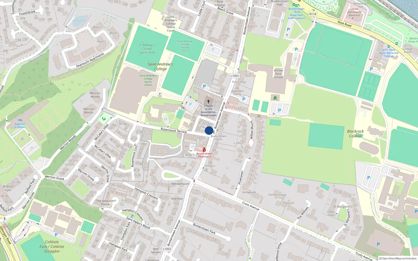 Overhead map showing the location of 77 Booterstown Avenue, Blackrock