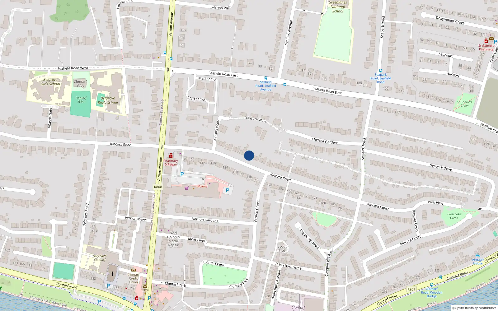 Overhead map showing the location of 77 Bothar Cheann Coradh, Cluain Tarbh, Dublin 3