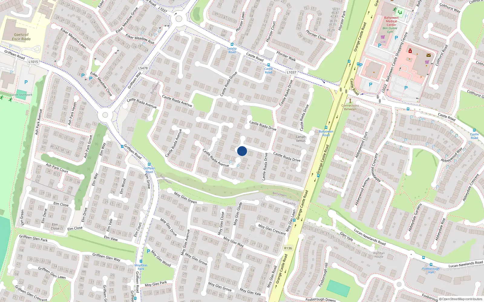 Overhead map showing the location of 77 Castle Riada Drive, Lucan