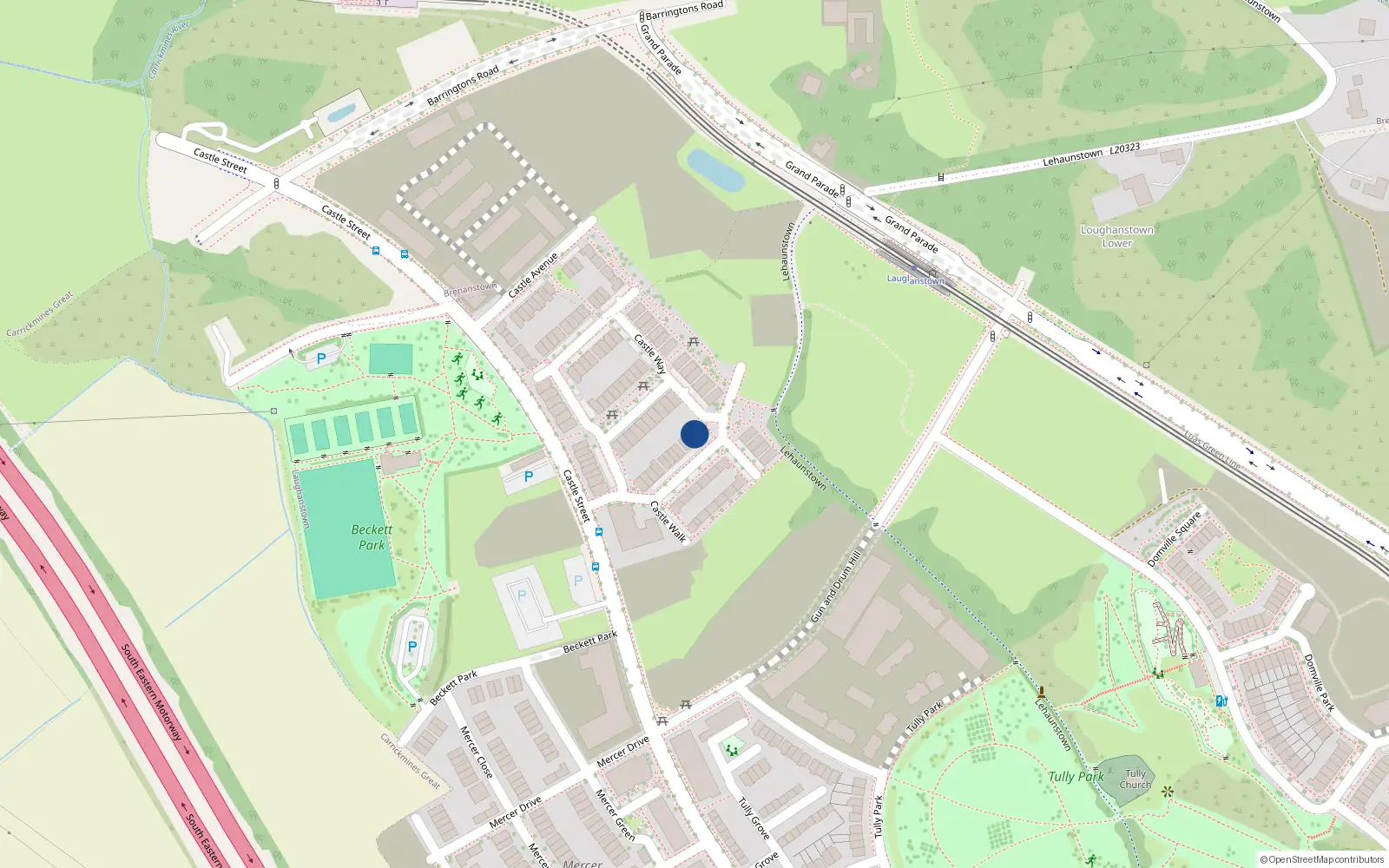 Overhead map showing the location of 77 Castle Way, Laughanstown