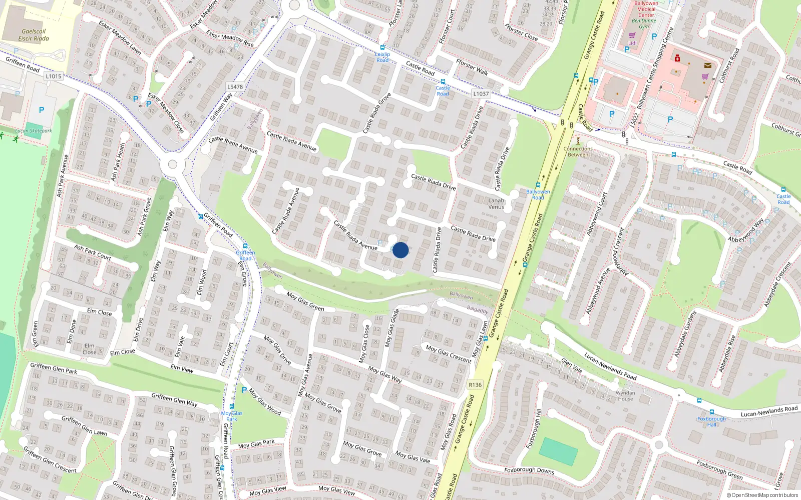 Overhead map showing the location of 77 Castleriada Avenue, Lucan, Dublin