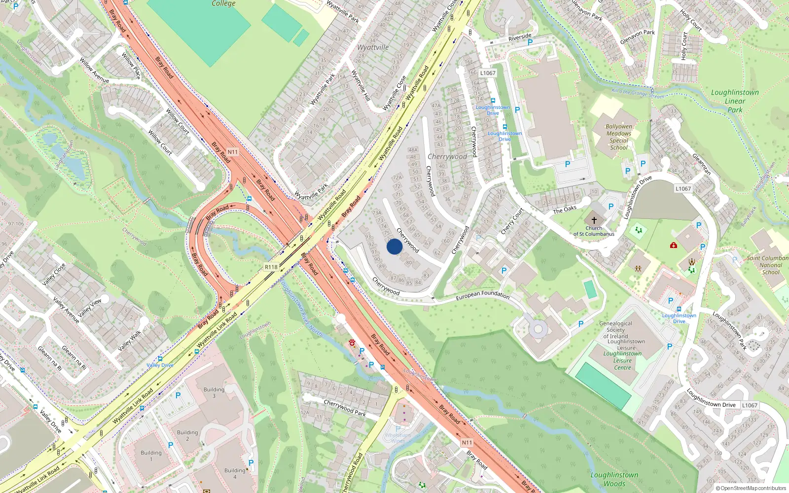 Overhead map showing the location of 77 Cherrywood, Loughlinstown, Dublin