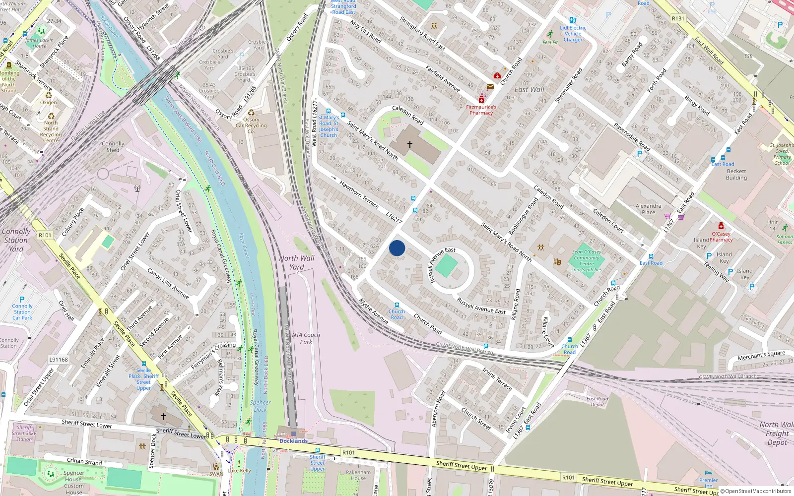 Overhead map showing the location of 77 Church Road, East Wall, Dublin 3
