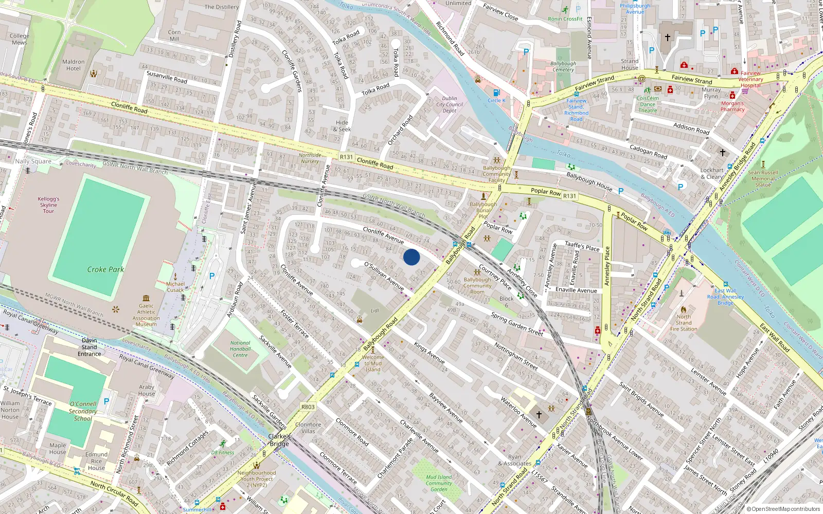 Overhead map showing the location of 77 Clonliffe Avenue, Ballybough Road, Dublin 3