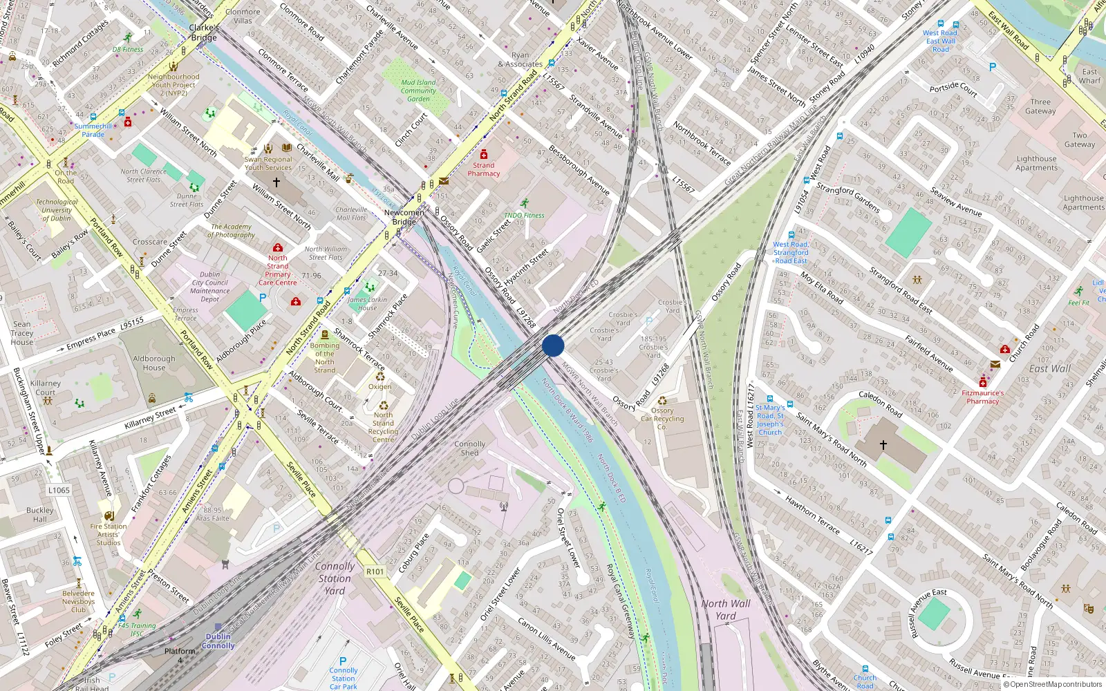 Overhead map showing the location of 77 Crosbiew Yard, Ossory Road, Dublin 3
